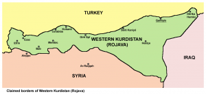 Rojava als „Westkurdistan“, wie es auf einer Website der PYD im Oktober 2013 umrissen wurde. Karte: Creative Commons/Panonian